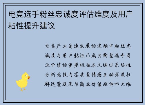 电竞选手粉丝忠诚度评估维度及用户粘性提升建议