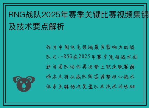 RNG战队2025年赛季关键比赛视频集锦及技术要点解析